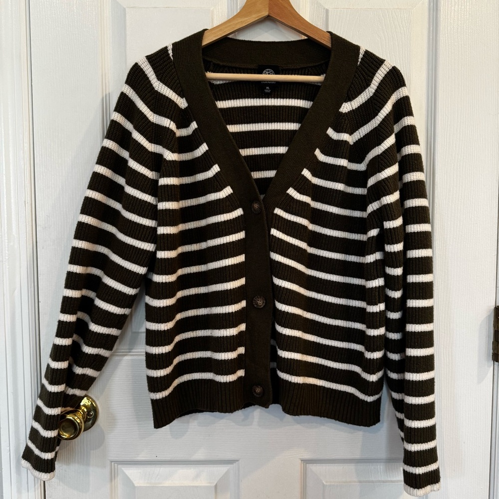 Bobeau Soft Striped Grandpa Cardigan XL Olive and Cream Button Front Cozy Knit